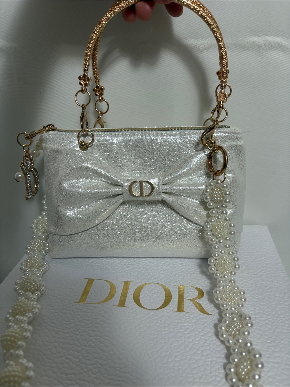 Dior Pearl-Embellished White Bow Mini Top-Handle Bag